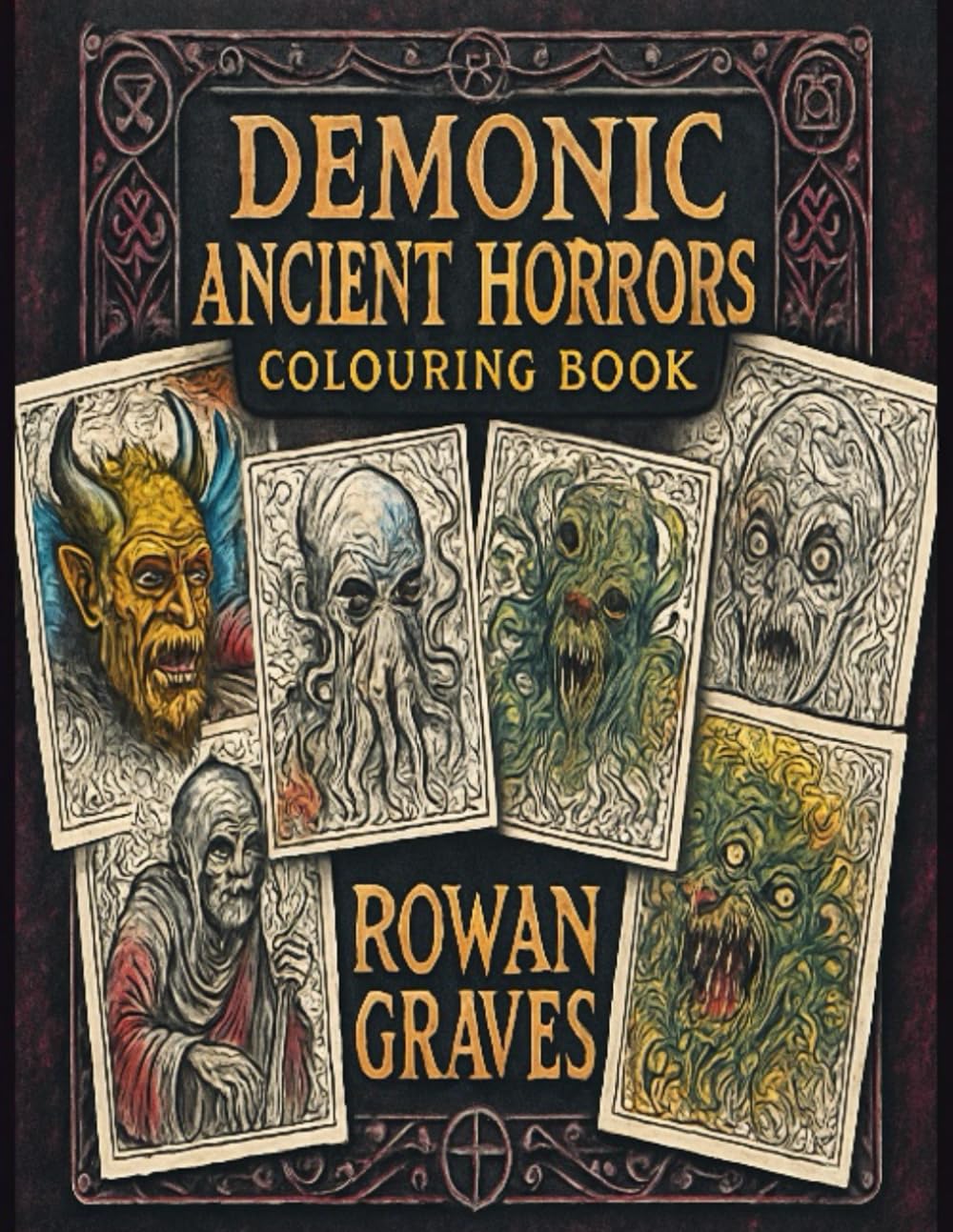 Demonic,ancient horrors colouring book: A Spine-Chilling Collection of 50+ Demonic & Ancient Horror Designs for Fearless Adults and Brave Teens”